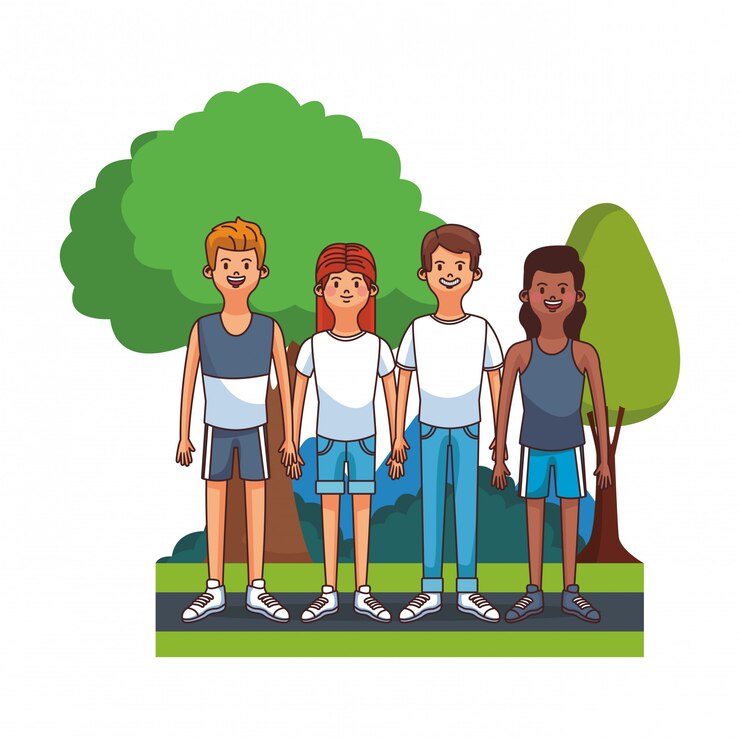 Vector jonge vrienden in de zomer bij grafisch de illustratie grafisch ontwerp van parkbeeldverhalen