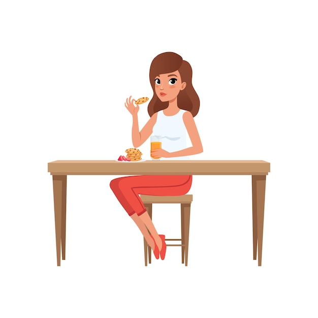 Jonge vrouw aan het ontbijt, activiteit van mensen, dagelijkse routine vector illustratie geïsoleerd op een witte achtergrond.