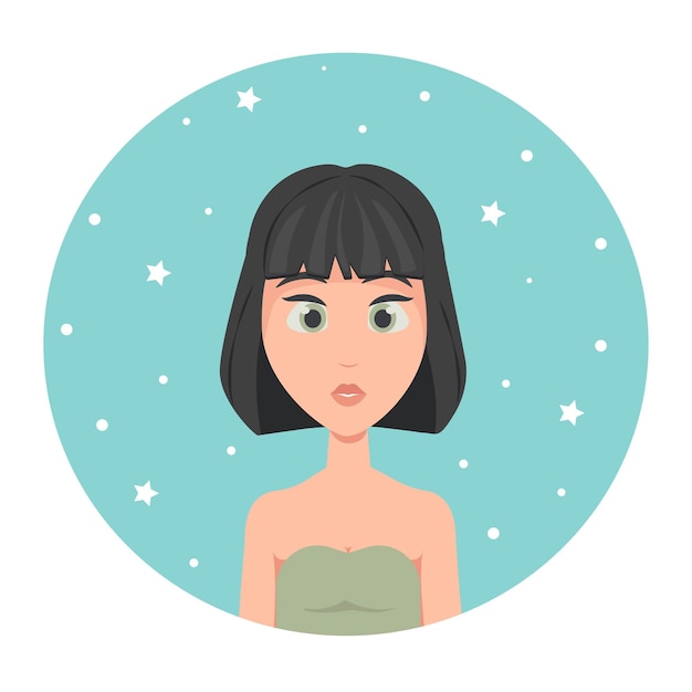 Jonge vrouw avatar met kort haar vierkant kapsel en grote groene ogen vectorillustratie