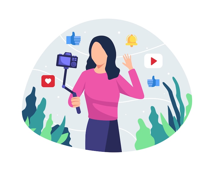 Vector jonge vrouw blogger of vlongger camera kijken en praten over video-opnamen in een vlakke stijl
