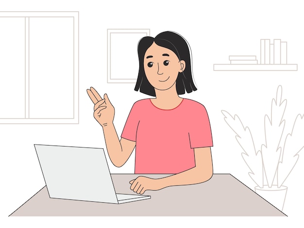 Jonge vrouw communiceert thuis op laptop Video-communicatie interactie op afstand via