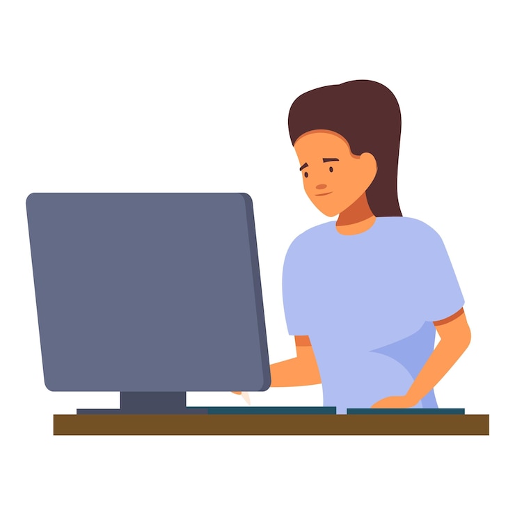 Vector jonge vrouw die als grafisch ontwerper werkte en zich concentreerde op haar werk met behulp van een desktopcomputer