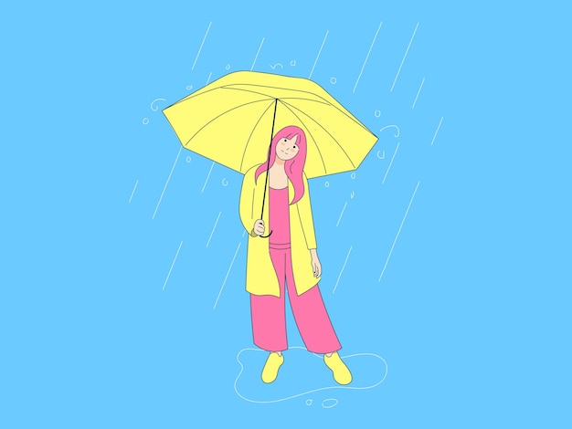 Jonge vrouw die een paraplu in de regen draagt vlakke afbeelding