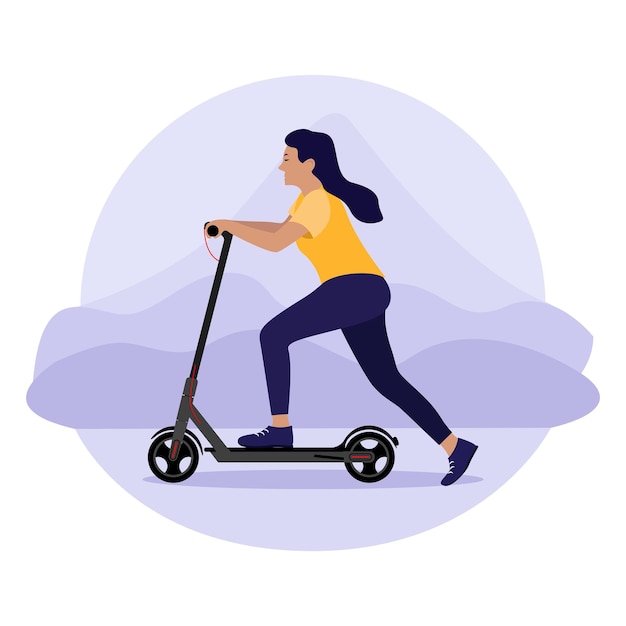 Jonge vrouw die elektrische motorfiets berijdt Ecologisch vervoersconcept