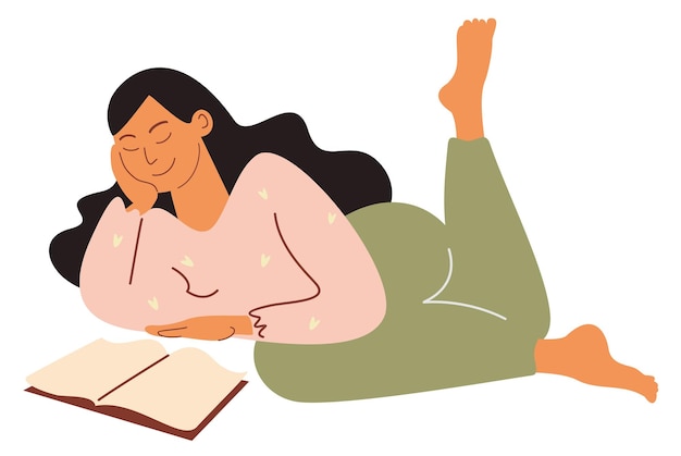 Vector jonge vrouw die goed boek thuis leest. vrouwen houden van lezen. trendy platte vectorillustraties.