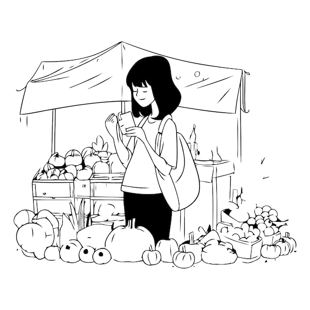 Vector jonge vrouw die groenten koopt op de markt in cartoon stijl