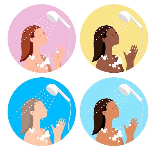 Jonge vrouw die haar hoofd wast met shampoo en schuim in de badkamer in een handdoek platte minimalistische vector