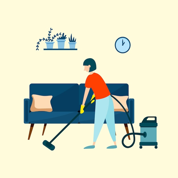 Vector jonge vrouw die huishoudelijk werk doet, vloertapijt onder de bank met stofzuiger schoonmaakt. routine.