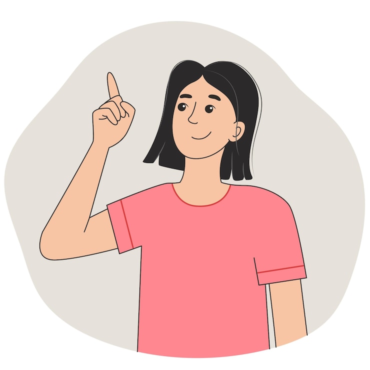 Vector jonge vrouw die naar boven wijst met een idee.