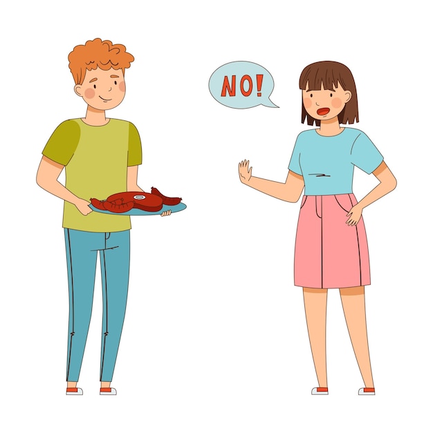 Jonge vrouw die nee zegt tegen een man die vlees aanbiedt Vectorillustratie