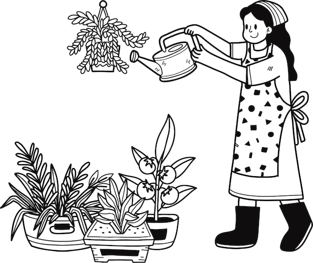 Jonge vrouw die planten water geeft illustratie in doodle stijl