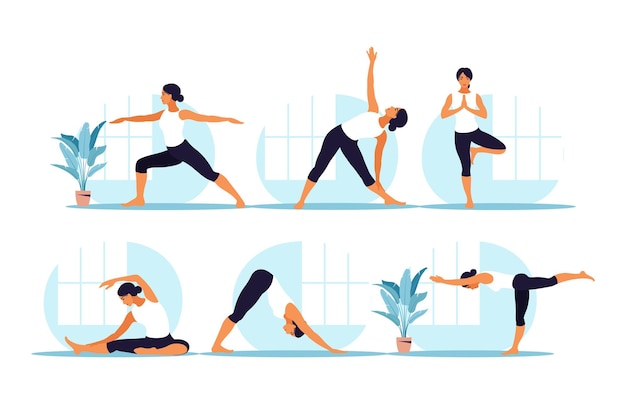 Jonge vrouw die yoga beoefent. fysieke en spirituele oefening. set. illustratie in platte cartoon stijl.