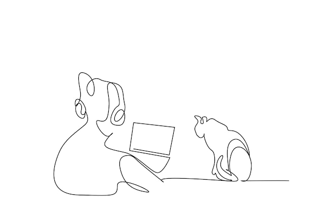 jonge vrouw die zaken doet die thuis studeert en tijd doorbrengt met haar kat voor laptop met headp