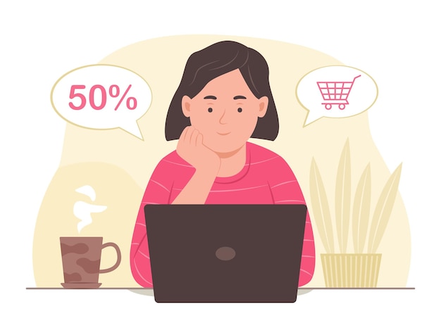 Vector jonge vrouw doet online winkelen op laptop concept illustratie