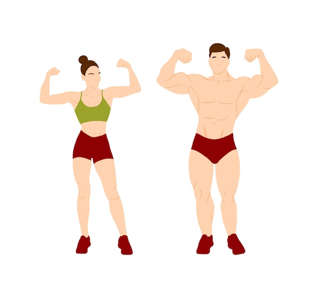 Jonge vrouw en man bodybuilder tekenset geïsoleerd op witte achtergrond Bodybuilding concept vectorillustratie in vlakke stijl Cartoon volledige hoge lichaam met spieren gezonde sportieve levensstijl