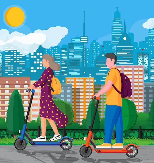 Jonge vrouw en man op kick scooter. meisje en jongen met rugzak rollen op elektrische scooter. hipster-personage maakt gebruik van modern stadsvervoer. ecologisch stadsvervoer. platte vectorillustratie