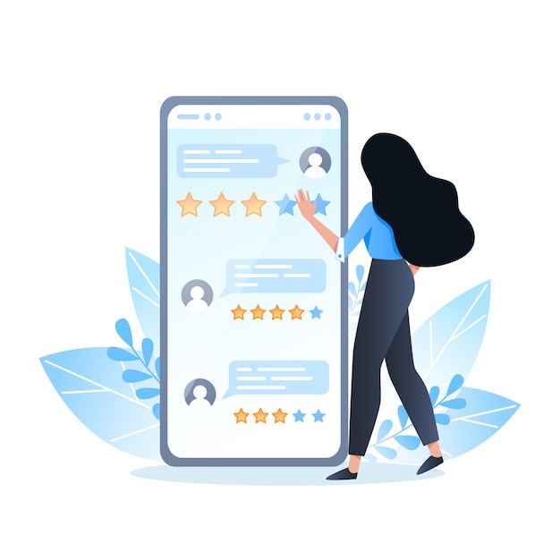 Vector jonge vrouw feedback geven met behulp van de mobiele app, online beoordelingen van mensen op het scherm van de smartphone
