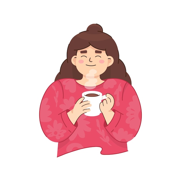 Vector jonge vrouw houdt een kop warme koffie in haar handen koffiepauze op kantoor vectorillustratie geïsoleerd op een witte achtergrond