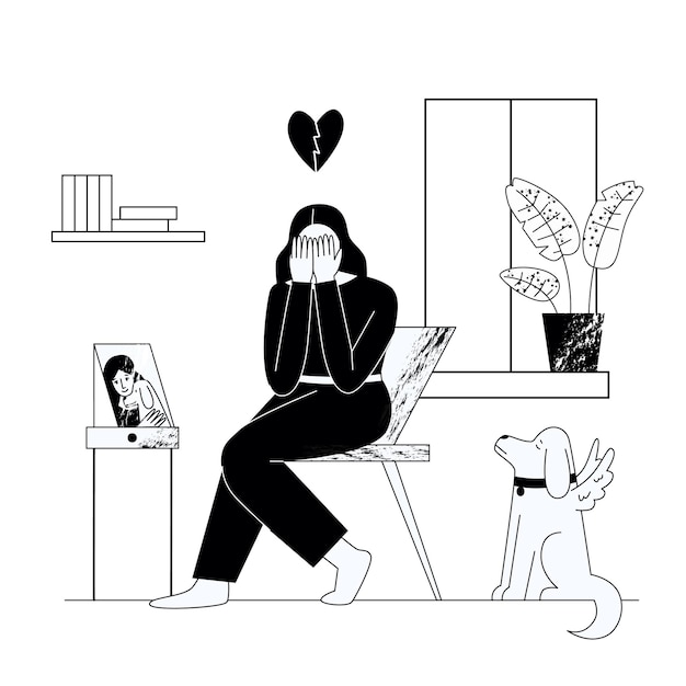 Jonge vrouw huilt om een dode hond geest van een hond platte vectorillustratie