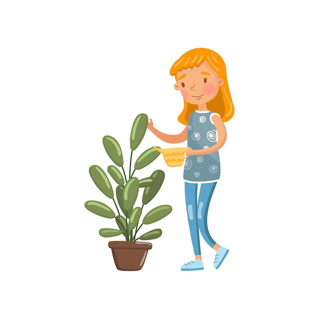 Vector jonge vrouw in casual kleding drenken haar potplant met gieter huisvrouw in huishoudelijk werk activiteit cartoon vector illustratie op een witte achtergrond