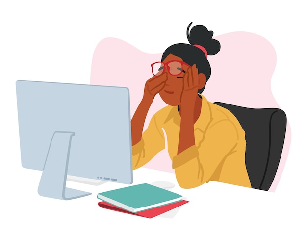 Jonge vrouw in kantoorkleding en bril zit aan tafel met computer en wrijft over haar vermoeide ogen omringd door een gezellige, goed verlichte kamer Concept van zichtproblemen of vermoeidheid Cartoon vectorillustratie