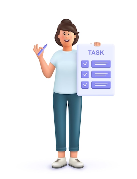 Jonge vrouw Jane met taken op vellen papier, planning om de taak op tijd af te ronden. Deadline, opdrachtenplanning, werkprocesorganisatieconcept. 3D-vector mensen karakter illustratie.