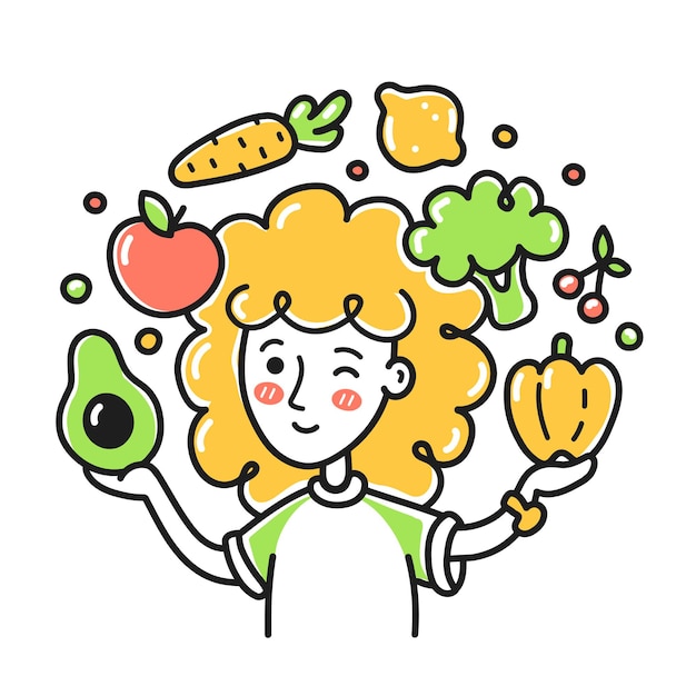 Jonge vrouw juichen groenten en fruit