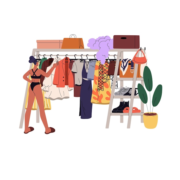 Vector jonge vrouw kiest kleding achteruitzicht garderobe staaf met kleding meisje maakt keuze uit kleding hanger rack kleding rail planken met schoenen in de kast platte geïsoleerde vector illustratie op wit.