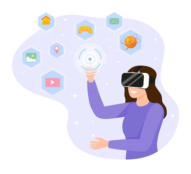Jonge vrouw kijkt door een VR-bril naar de virtuele interface rond haar digitale Metaverse-simulatie