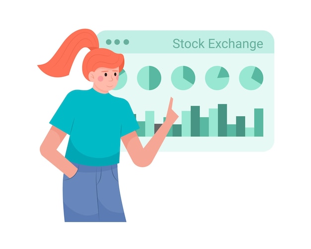 Jonge vrouw kijkt naar presentatie met diagram- en analysegrafieken Onderzoek winstgevende strategieën Financiëngroeiconcept Platte vectorillustratie in blauwe en rode kleuren