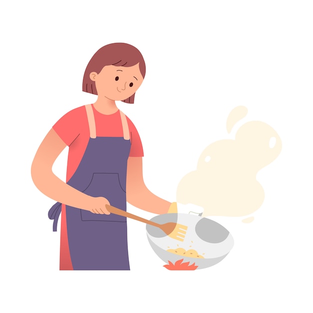 jonge vrouw koken op een vuur met een koekenpan
