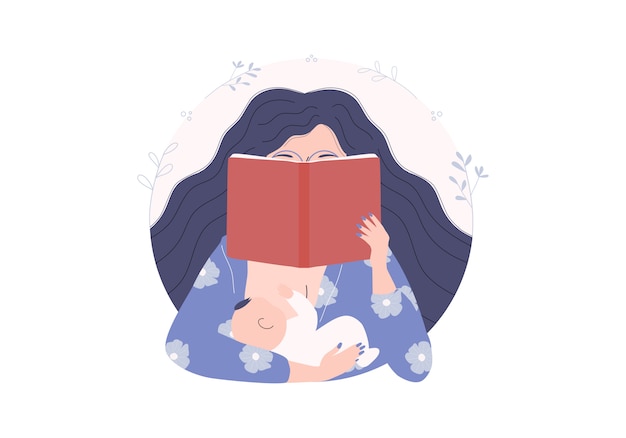 Jonge vrouw leert positief ouderschap. moeder leest roman terwijl ze de cartoonstijl van de babyillustratie vasthoudt, verzorgt en borstvoeding geeft. wereldboekendag en internationale alfabetiseringsdag