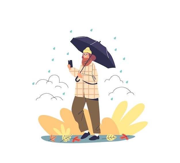 Jonge vrouw loopt in het herfstpark onder paraplu en geniet van regenachtig weer Gelukkig hipstermeisje neemt selfie