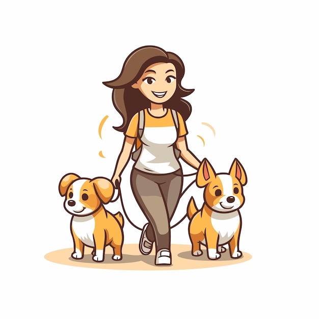 Jonge vrouw loopt met honden cartoon vector illustratie geïsoleerd op witte achtergrond