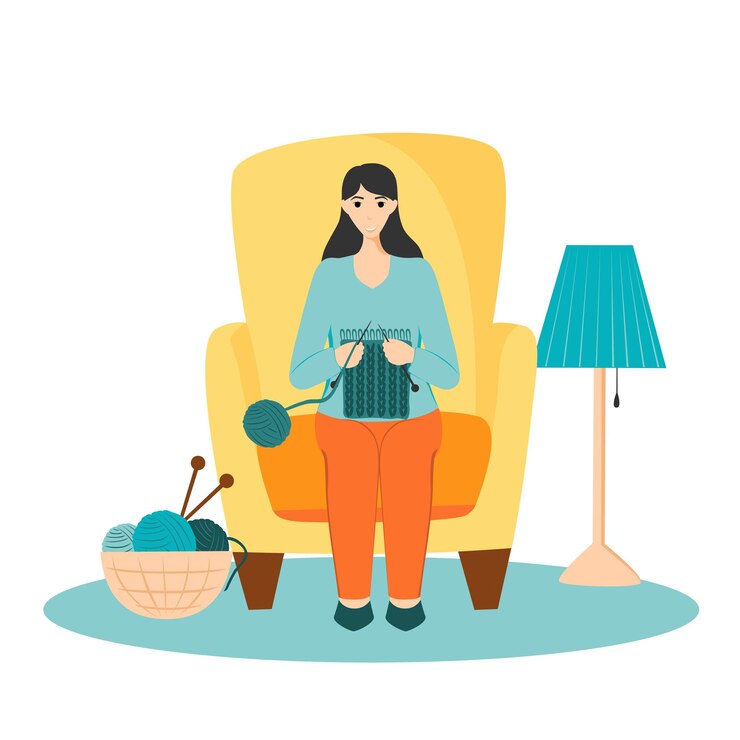 Jonge vrouw met breien hobby platte vectorillustratie