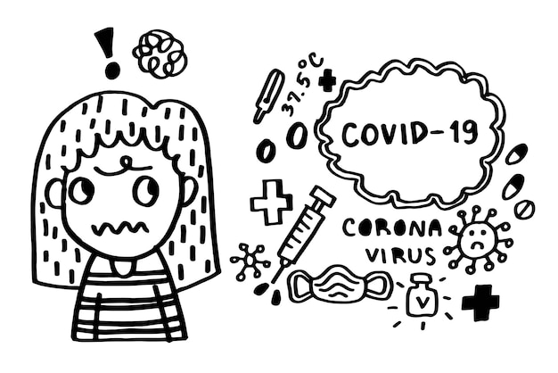 Jonge vrouw met covid 19 concept cartoon doodle hand zwarte lijn tekenen op witte achtergrond