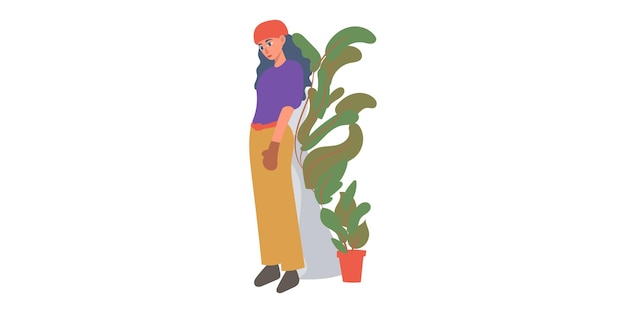 Jonge vrouw met een plant in een pot Platte vectorillustratie