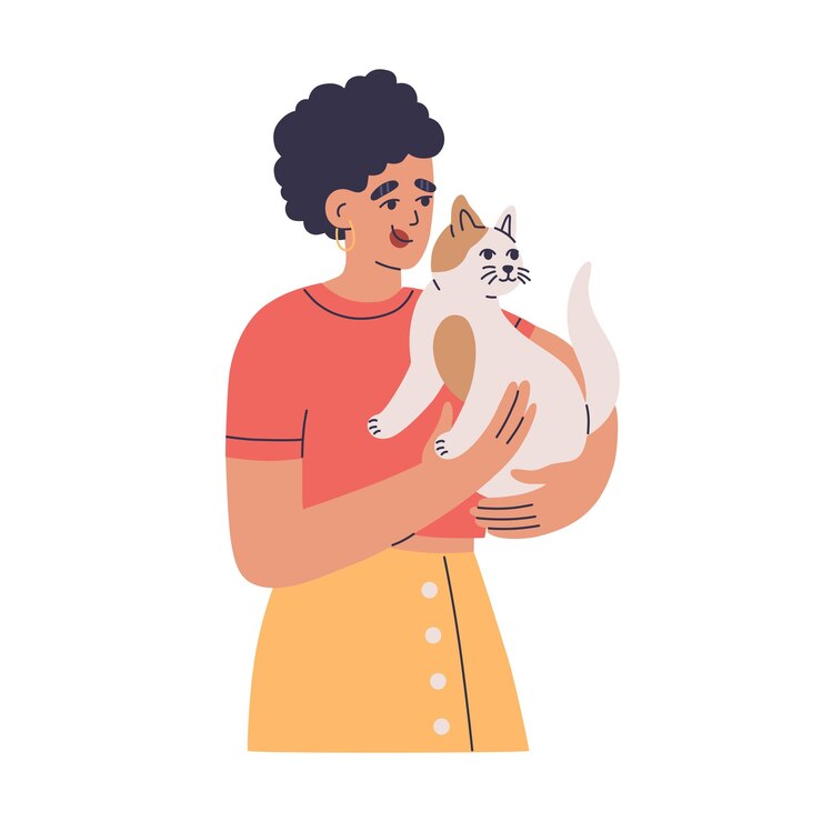 Vector jonge vrouw met een schattige kat. eigenaar met geliefd huisdier. hand getrokken kleur vectorillustratie