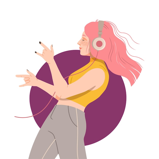 Jonge vrouw met koptelefoon die naar muziek luistert en beweegt met dansende bewegingsvectorillustratie