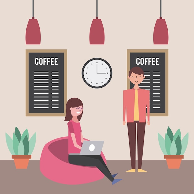 jonge vrouw met laptop en man in koffie winkel