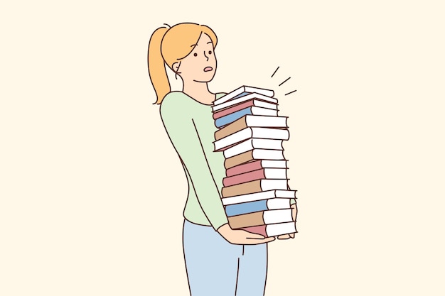 Jonge vrouw met stapel boeken