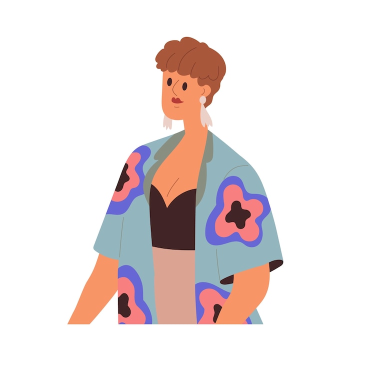 Vector jonge vrouw, neutrale emotieloze rechte gezichtsuitdrukking. emotieloos serieus meisje, met kort haar en oorbellen. vrouwelijk karakterportret. platte vectorillustratie geïsoleerd op een witte achtergrond