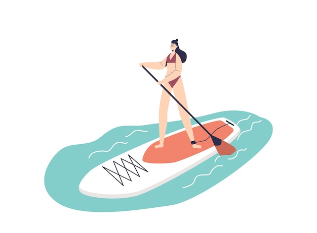 Jonge vrouw oefent paddleboard op zomervakantie in het resort aan zee Meisje rijdt sup board met paddle