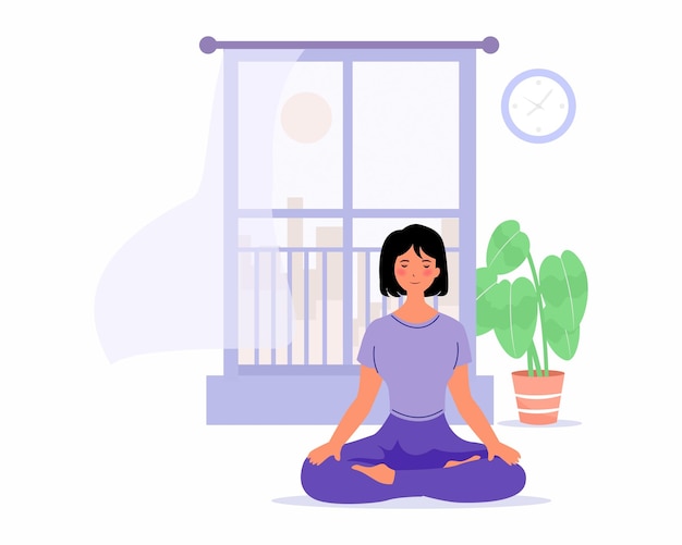 Jonge vrouw oefent yoga thuis Blijf thuis concept Vector illustratie