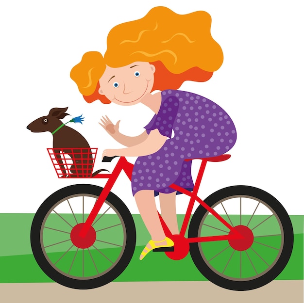Vector jonge vrouw op een fiets met haar hond in een fietsmand