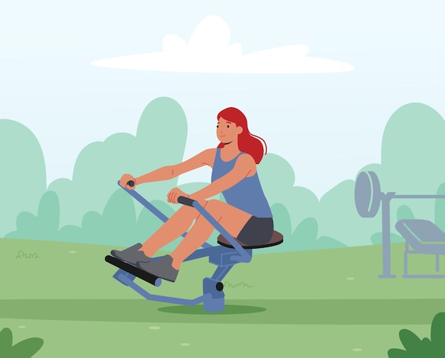 Jonge vrouw opleiding op roeiapparaat in huis tuin atletische meisje in sportkleding oefenen om slank en sterk buiten fitness gezonde levensstijl actieve sport leven cartoon vectorillustratie