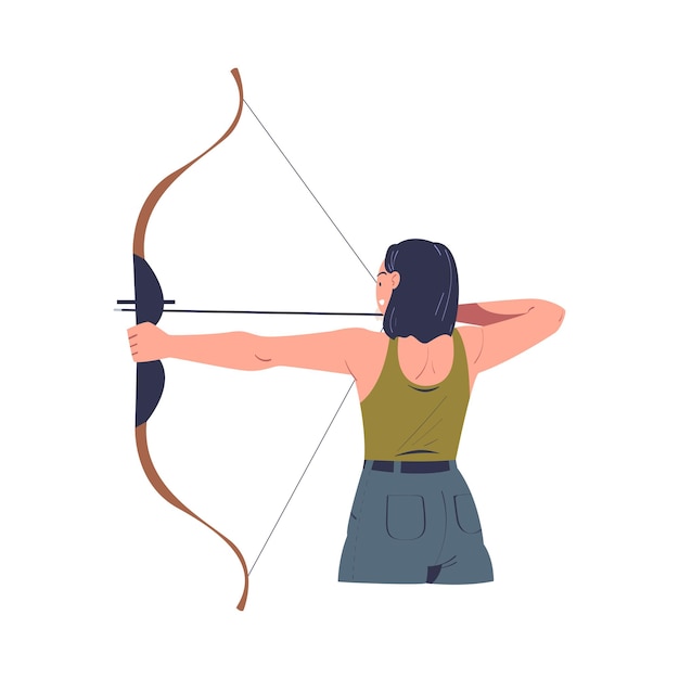 Jonge vrouw richt zich op het doel met boog uitzicht van achter boogschutter oefenen schieten cartoon vector