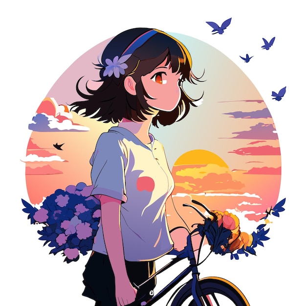 Vector jonge vrouw schattig cartoon fietsen met bloemen