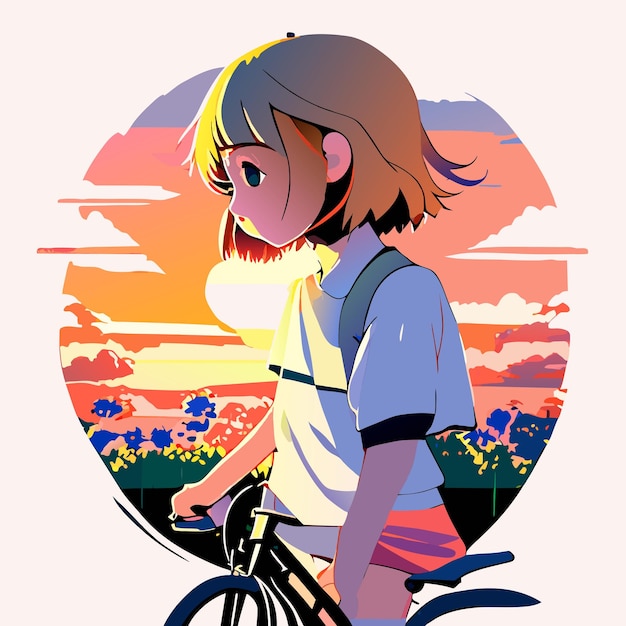 Vector jonge vrouw schattig cartoon fietsen met bloemen