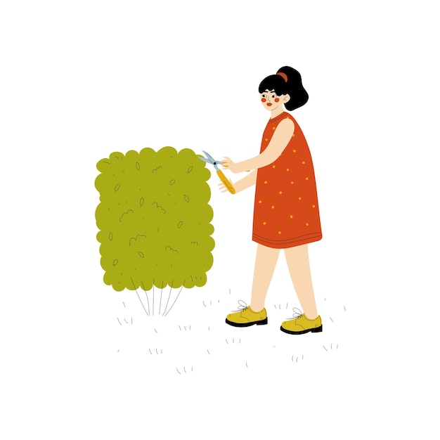 Jonge vrouw scheren Hedge meisje werken in tuin of boerderij vectorillustratie op witte achtergrond